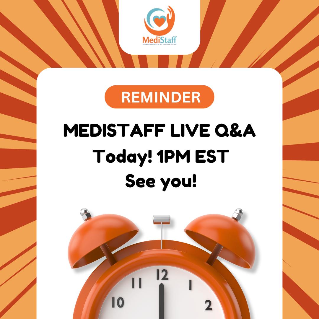Reminder 🚨 MEDISTAFF LIVE Q&A is happening today at 1PM EST!
We’re excited to see you there—check your email for the Zoom link.
Not registered yet? Join us now: www.medistaff.agency/liveqa
#MediStaff #LiveQA #HomeCareGrowth #PrivatePay #ReferralPipeline