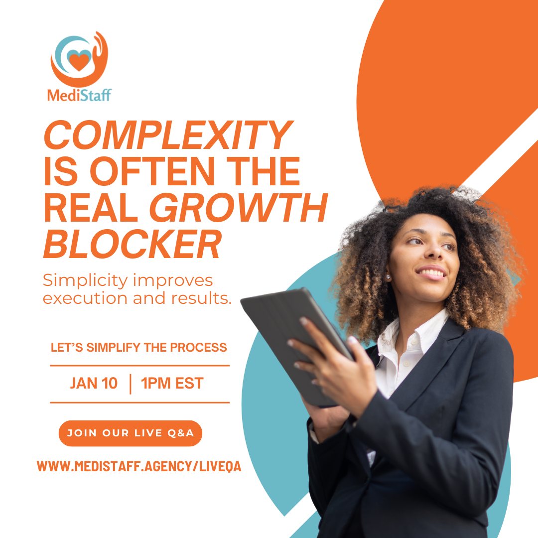 The simpler the system, the faster the progress.
Complexity slows momentum more than most people realize.
Let's talk about it on our LIVE Q&A! Register here: medistaff.agency/liveqa
#SimpleSystems #BusinessEfficiency #LeadershipTools #Medistaff #BusinessGrowth
