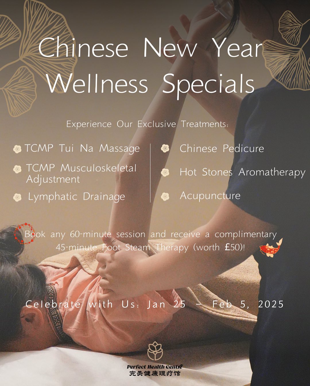 ✨ Celebrate Chinese New Year with Perfect Health Centre! ✨
From Jan 25–Feb 5, book any 60-minute session and enjoy a complimentary 45-minute foot steam therapy (worth £50)! 🌿
Relax, detox, and refresh—our foot steam therapy isn’t just relaxing, it’s the perfect way to wash away last year’s stress and step into the new year feeling renewed and recharged. 🎉
Start your Chinese New Year with health, happiness, and a fresh beginning!
📍 Visit us at: 97 Southampton Row, Holborn, London, WC1B 4HH
☎ Call us now: 020 8076 8880
💚 WhatsApp: +447881308123
📧 Email: phcholbornlondon@gmail.com
#TCMP #TraditionalChineseMedicine
#LymphaticDrainage #AcupunctureHealing
#PainRelief
#ChineseFootTherapy #ChineseNewYear2025
#LondonWellness
#HolbornLondon
#HolbornMassage