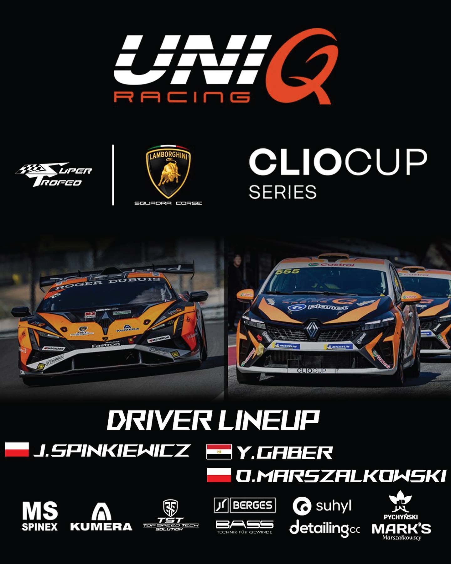 We’ve been waiting a long time for this moment! It’s time to officially announce our drivers and the series we’ll be competing in this season!
Jerzy Spinkiewicz is back for his second year in the Lamborghini Super Trofeo! He’s been with us since his karting days and continues to grow with every race. Big thanks to Jerzy for his trust and dedication – we’re proud to be part of his journey.
Youssef Gaber started his racing journey with us last year and made huge progress throughout his debut season. We’re excited to see him take the next steps in his development – keep pushing, Youssef!
Oskar Marszałkowski joins us as the newest driver in the team. After completing his first tests, it’s time to go racing – we believe there’s a lot of potential here and can’t wait to see what we can achieve together!
This season, we’ll be competing in two highly respected and professional series:
🏁 Lamborghini Super Trofeo – a world-renowned one-make championship featuring identical Lamborghini Huracán Super Trofeo EVO2 cars. It’s known for intense competition and is a perfect stepping stone to GT3 and endurance racing.
🏁 Clio Cup @renaultclioseries – a legendary touring car series with a strong reputation in Europe. With identical Renault Clio race cars, it’s an ideal environment for developing pure driving skill, racecraft, and consistenc