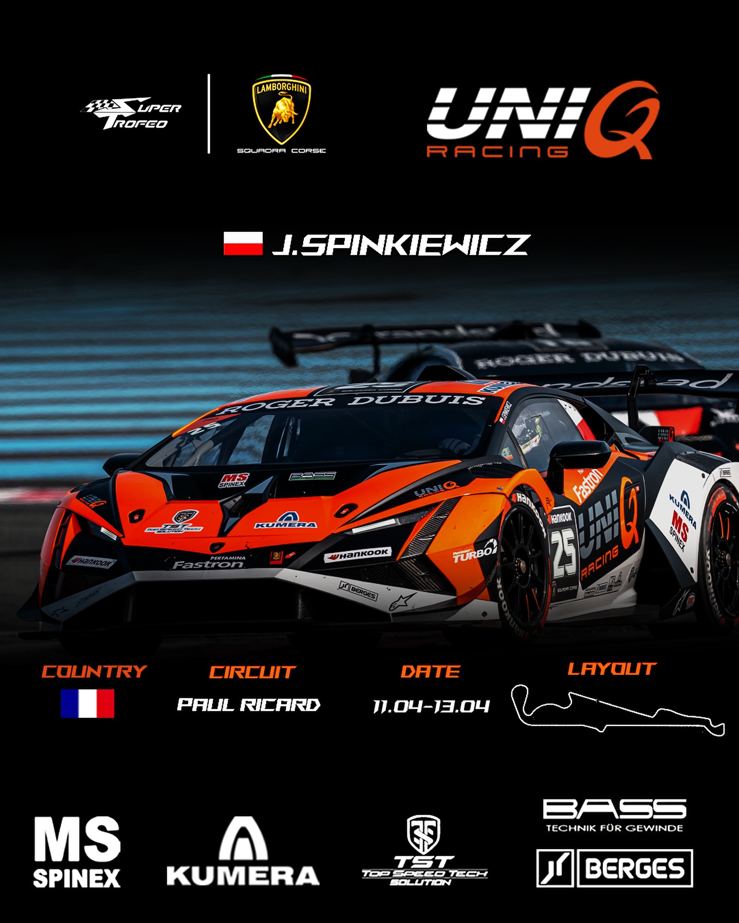 We’re racing this weekend at the iconic Circuit Paul Ricard in France in the Lamborghini Super Trofeo, with @j.spinkiewicz behind the wheel.
The weekend didn’t start as planned. A technical issue during the first sessions kept us off the track longer than we’d hoped, which meant limited time for testing and setup. But racing is all about resilience – and we’re ready to fight back where it matters most.
📅 Weekend Schedule
Saturday:
▫ 10:50–11:10 – Qualifying 1
▫ 11:20–11:40 – Qualifying 2
▫ 16:20–17:10 – Race 1
Sunday:
▫ 12:05–12:55 – Race 2
📡 Follow us live:
Timing & streaming available at:
👉 gt-world-challenge-europe.com/watch-live
We’ll be working hard to improve throughout the weekend.
Huge thanks to our incredible sponsors and fans. Your support keeps us going. We may be starting with a challenge, but we’re ready to fight.
@msspinex @tst_solution @berges_motion @bass_tools @peterkissdesign @ms_spinex_motorsport