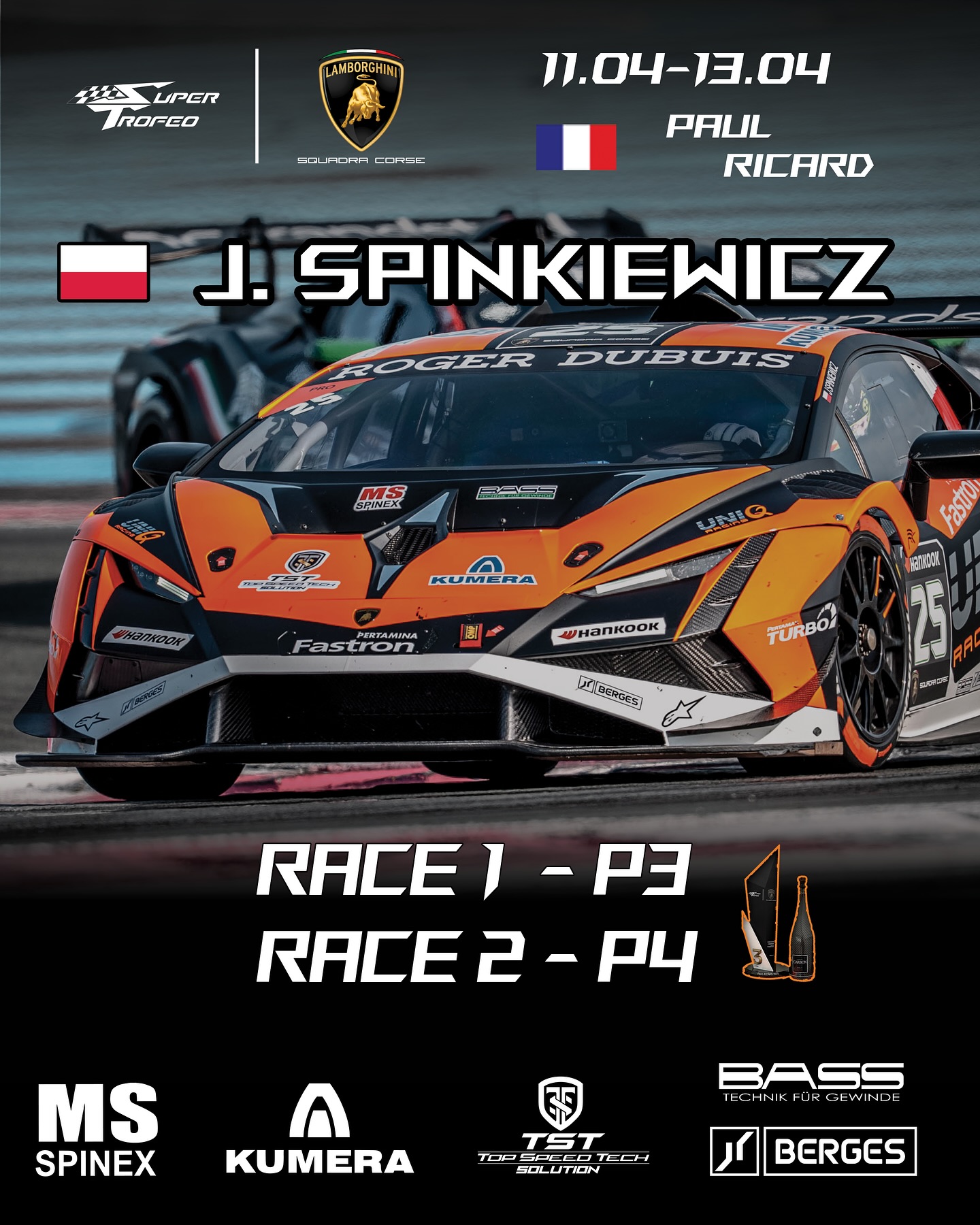 🏆 First Podium in Lamborghini Super Trofeo! 🏁
What a way to start the season! @j.spinkiewicz got his first ever podium in Lamborghini Super Trofeo! He finished P3 in Race 1 and took home his first trophy! 🥉🔥
The weekend was not easy. We had some problems at the beginning and didn’t have enough practice. But we stayed strong and it worked out! The weather on the first day was good, and our race plan worked well.
Jerzy was fast in both qualifying sessions:
⚡️ Quali 1 – P7
⚡️ Quali 2 – P8
In Saturday’s race, he started in P7 and finished P3 – great drive!
On Sunday, he started in P8 on rain tires and went up to P4. There was a great fight for P3 with another driver. Jerzy passed him and was in P3 for a moment, but we already had 3 track limit warnings. One more and we would get a time penalty, so we played it safe because the track was changing all the time.
🎯 Our Race Results:
📌 Race 1 – P3
📌 Race 2 – P4
Big thanks to all our fans for the support and to our sponsors for believing in us! 🙌
Next race: Monza – May 30 to June 1.
Let’s keep going!
@msspinex @tst_solution @berges_motion @bass_tools
Thank you for photos @eros63 and @peterkissdesign for help.