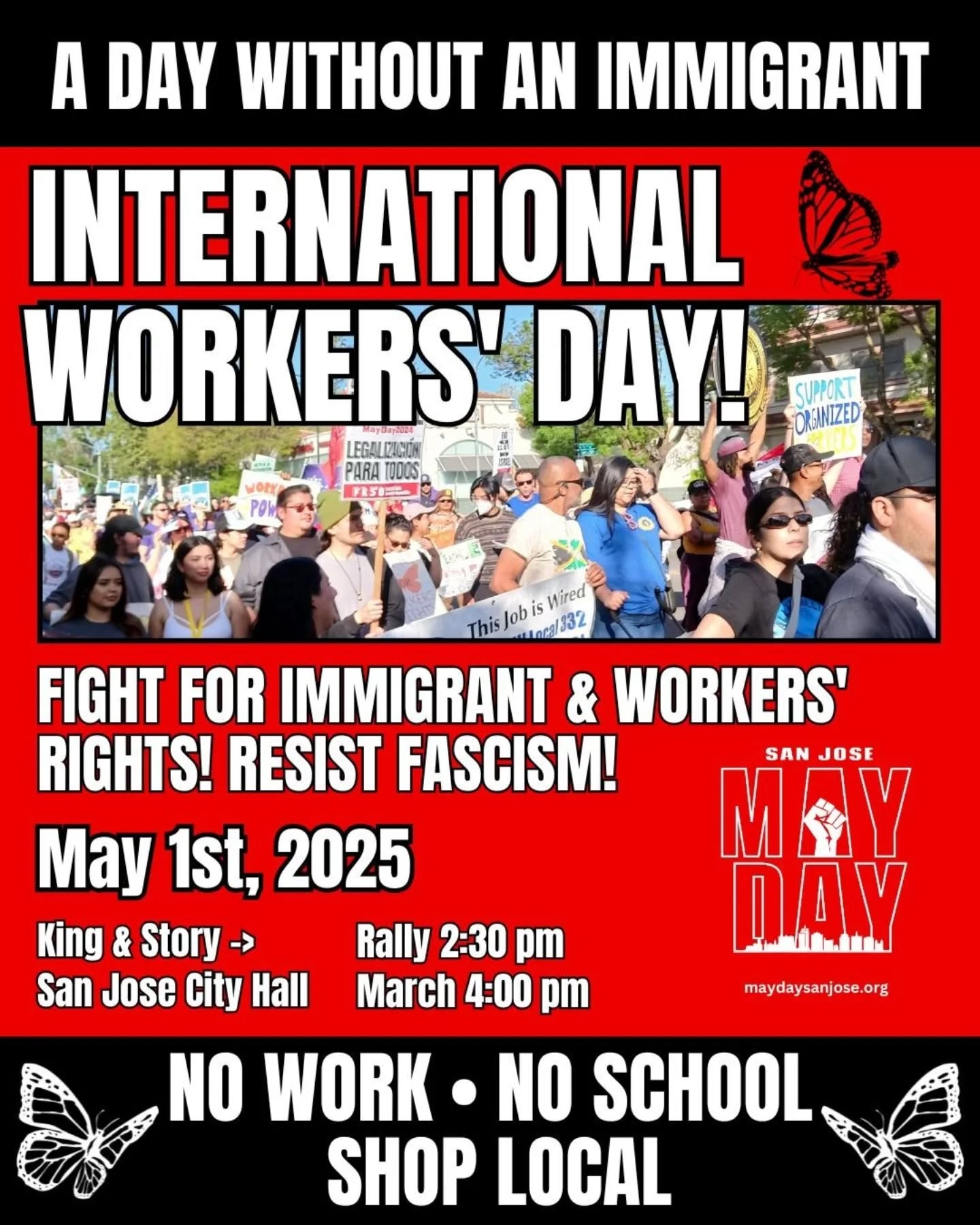Join unions and community based groups in the yearly May Day march in San Jose. March starts at 4pm at Story Rd. & King Rd. and ends at San Jose City Hall. March behind the ESTA banner. Wear your ESTA gear!
Where should I park?
There's a couple of options:
1. In the past parking at one of the parking spots in one of the shopping centers has been fine. ESTA is not responsible for anything that happens to your car.
2. Park in a neighborhood around the starting point. ESTA is not responsible for anything that happens to your car.
3. Get dropped off.
4. Take public transportation.
5. Coordinate with ESTA members to carpool.
How long is the march?
It's from Story Rd/King Rd. to San Jose City Hall. It's 3.2 miles. It usually takes 1.5 to 2 hours. So wear comfortable walking shoes. Temperature highs will reach 77 degrees, so it won't be too hot. Please bring water.
How can I get back to the starting point?
A couple of options:
1. Walk back to your car (great for those that want a very aerobic workout!)
2. Use public transportation (take VTA 22 back to King Rd. & Story Rd.)
3. Coordinate with someone to park their car near San Jose City Hall, join you at the end rally and then give you a ride back to your car.
Is it kid friendly?
Yes! Hundreds of kids participate yearly.
Is it dog friendly?
Yes! We've seen many dogs at previous actions. Please bring dog baggies!