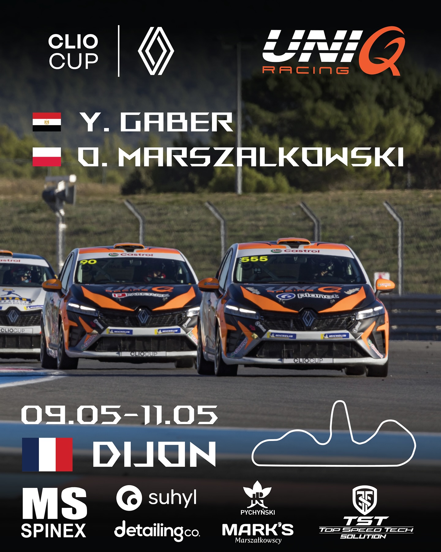 Clio Cup starts tomorrow!🇫🇷
Youssef Gaber🇪🇬 and Oskar Marszałkowski🇵🇱 will race this weekend at the Dijon circuit in France!
It’s our first @renaultclioseries event this year – and it will be exciting! 44 cars on the grid and many drivers from different countries!
Here is the schedule:
Friday:
Collective Test 1 – 10:00
Collective Test 2 – 14:50
Saturday:
Qualifying 1 – 8:30
Race 1 – 14:15 (25 min + 1 lap)
Sunday:
Qualifying 2 – 8:30
Race 2 – 14:00 (25 min + 1 lap)
Wish our drivers good luck!
Thank you to our sponsors and fans for always supporting us! @msspinex @tst_solution @marksmarszalkowscy @pychynski_ogrodnictwo @detailing.co @suhylhq @peterkissdesign #race#motorsport#cars#team#grip#poland#egipt#racing#france
