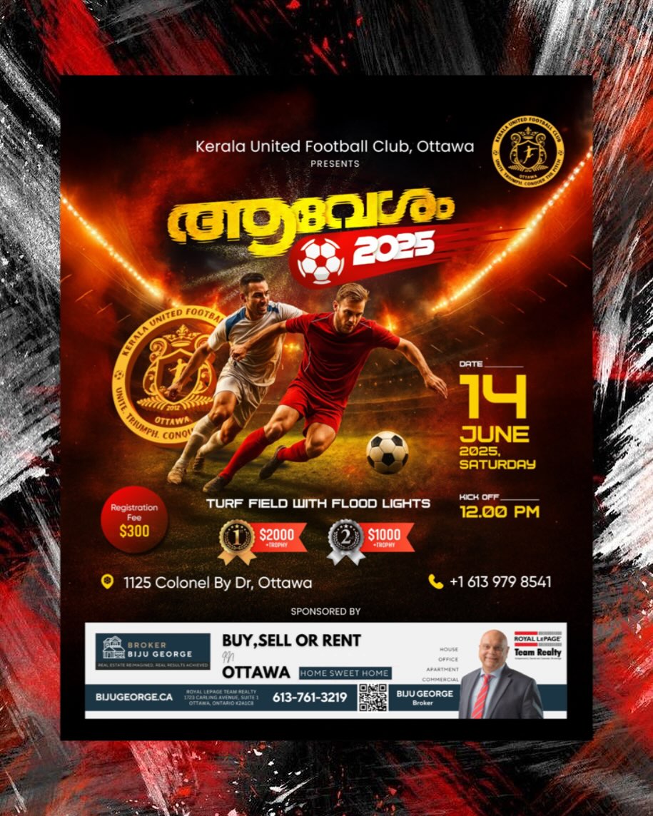 โฝ๐ฅ Itโs Back! After an epic 2024 edition, Aavesham 2025 is here to turn up the heat once again!
๐ฏ Bigger teams, bolder plays, crazier goals โ are YOU ready for the ultimate soccer battle?
๐ 1125 colonel By Dr, Ottawa
๐
14 JUNE 2025
๐ ๐๐๐๐๐ ๐
๐๐๐๐๐๐ ๐๐๐ ๐
๐๐๐ โผ๏ธ
๐ Think you have what it takes to win it all? Let the game begin!
#Aavesham2025 #FootballFever #GameOn #BackWithABang #SoccerMadness #malayali #kalpanthukali #kbfc