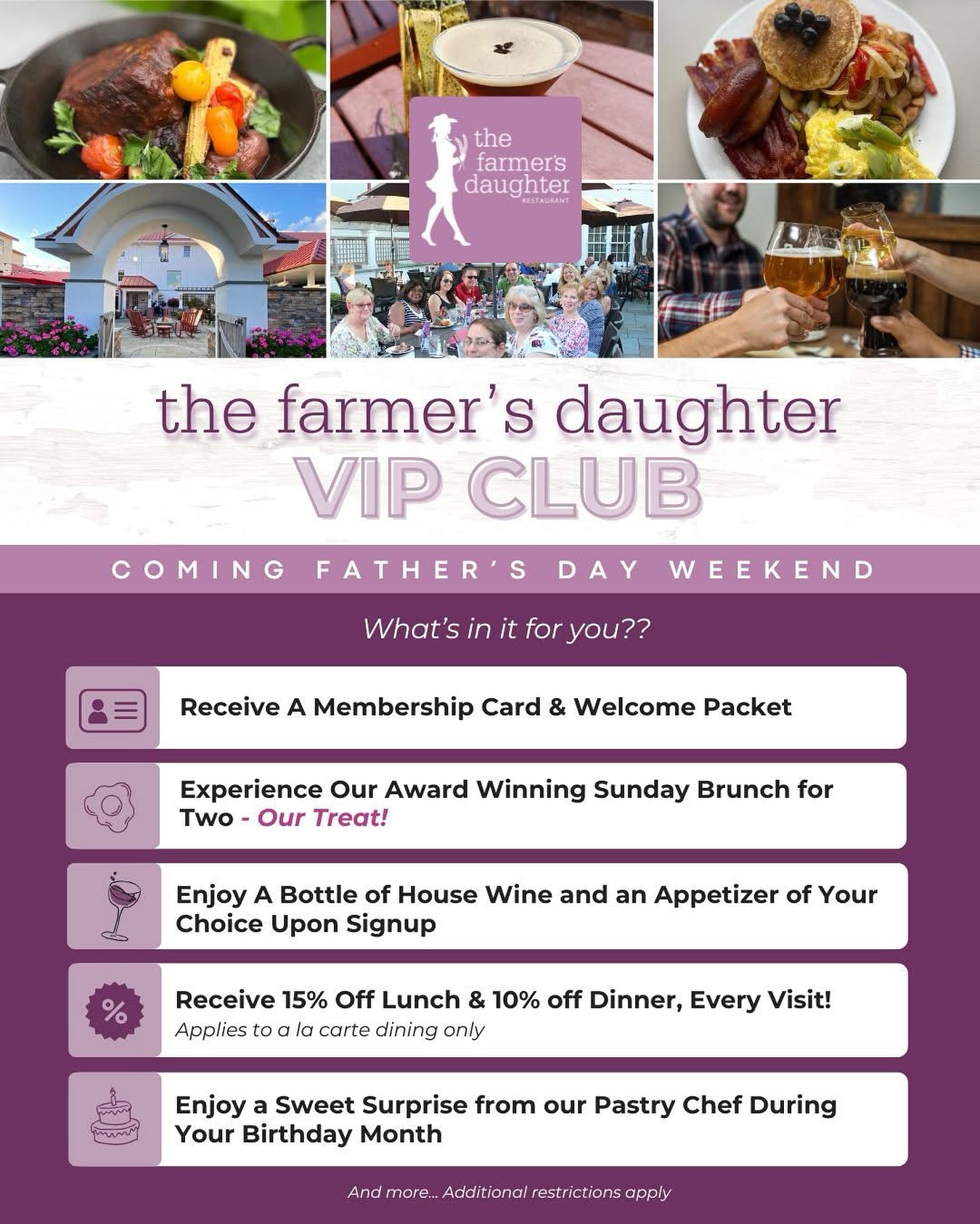 The Farmer’s Daughter Restaurant, renowned for its dining experience crafted for locals, travelers, and food lovers alike, is thrilled to introduce its brand-new VIP Club.
🧑🌾 This exclusive loyalty program is designed to reward our frequent diners with unmatched perks and special benefits. We’re officially launching Father’s Day weekend, so stay tuned for more details, and be sure to sign up for our Friends of the Farm email list to be the first to hear the official announcement!
Hint hint: it just might make the perfect Father’s Day gift.
#VIPClub #MembershipPerks #TheFarmersDaughter