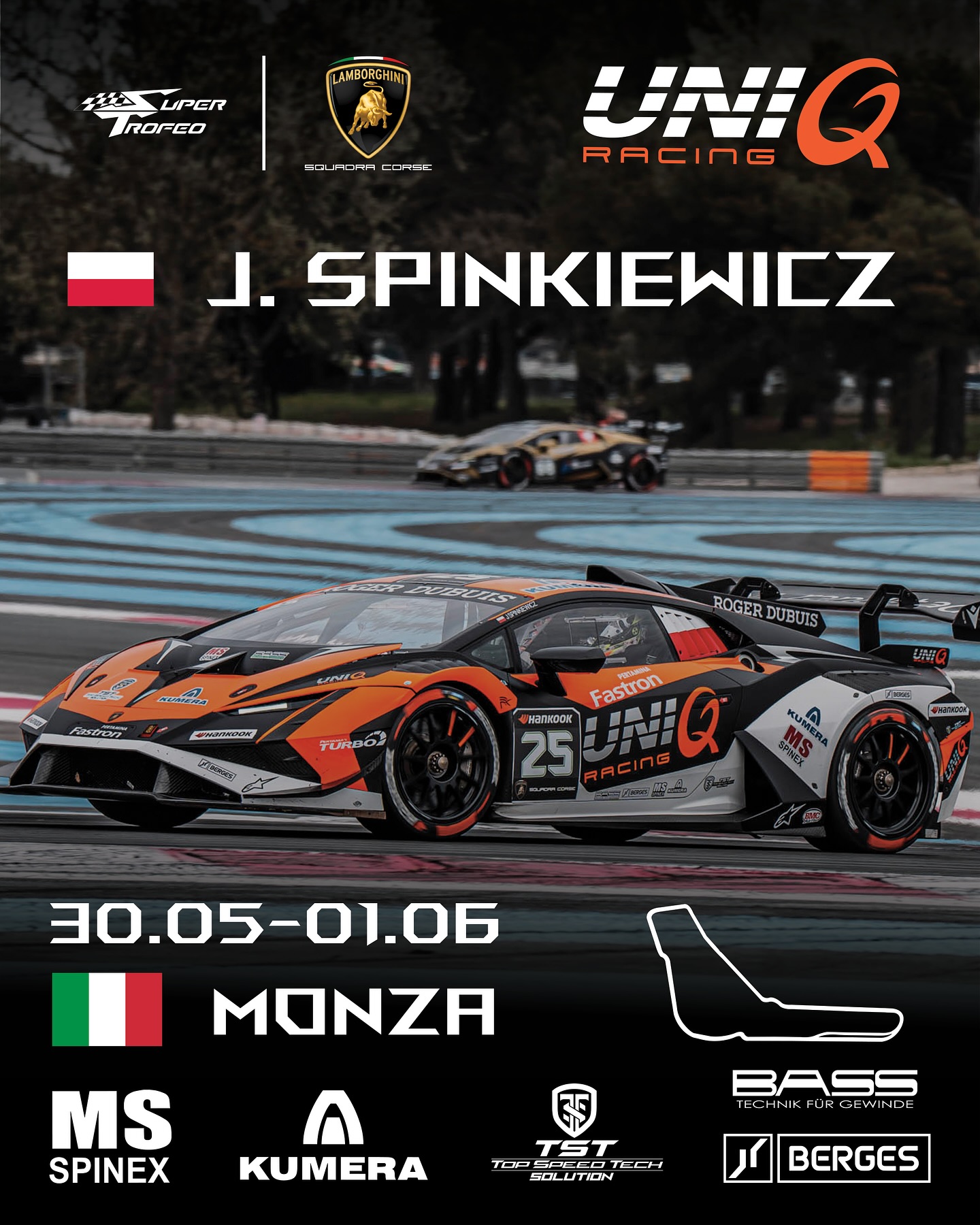 We’re starting Round 2 of Lamborghini Super Trofeo at the Italian track in Monza! 🇮🇹
@j.spinkiewicz will begin the first practice sessions tomorrow.
The @autodromonazionale_monza Circuit is one of the most famous and historic tracks in the world. It’s called the “Temple of Speed” because of its long straights and very high speeds. But Monza is not only about speed — it also has technical chicanes and challenging corners that make every lap exciting for drivers and fans alike.
Race Weekend Schedule
Friday
Free Practice 1: 11:50–12:50
Free Practice 2: 15:50–16:50
Saturday
Qualifying 1 & 2: 9:00–9:50
Race 1: 14:25–15:15
Sunday
Race 2: 11:20–12:10
Keep your fingers crossed and follow our profile closely — we’ll be posting updates all weekend long! 🚗💨
Big thanks to our sponsors and all our fans for your amazing support! 🙌 @msspinex @tst_solution @berges_motion @bass_tools @peterkissdesign