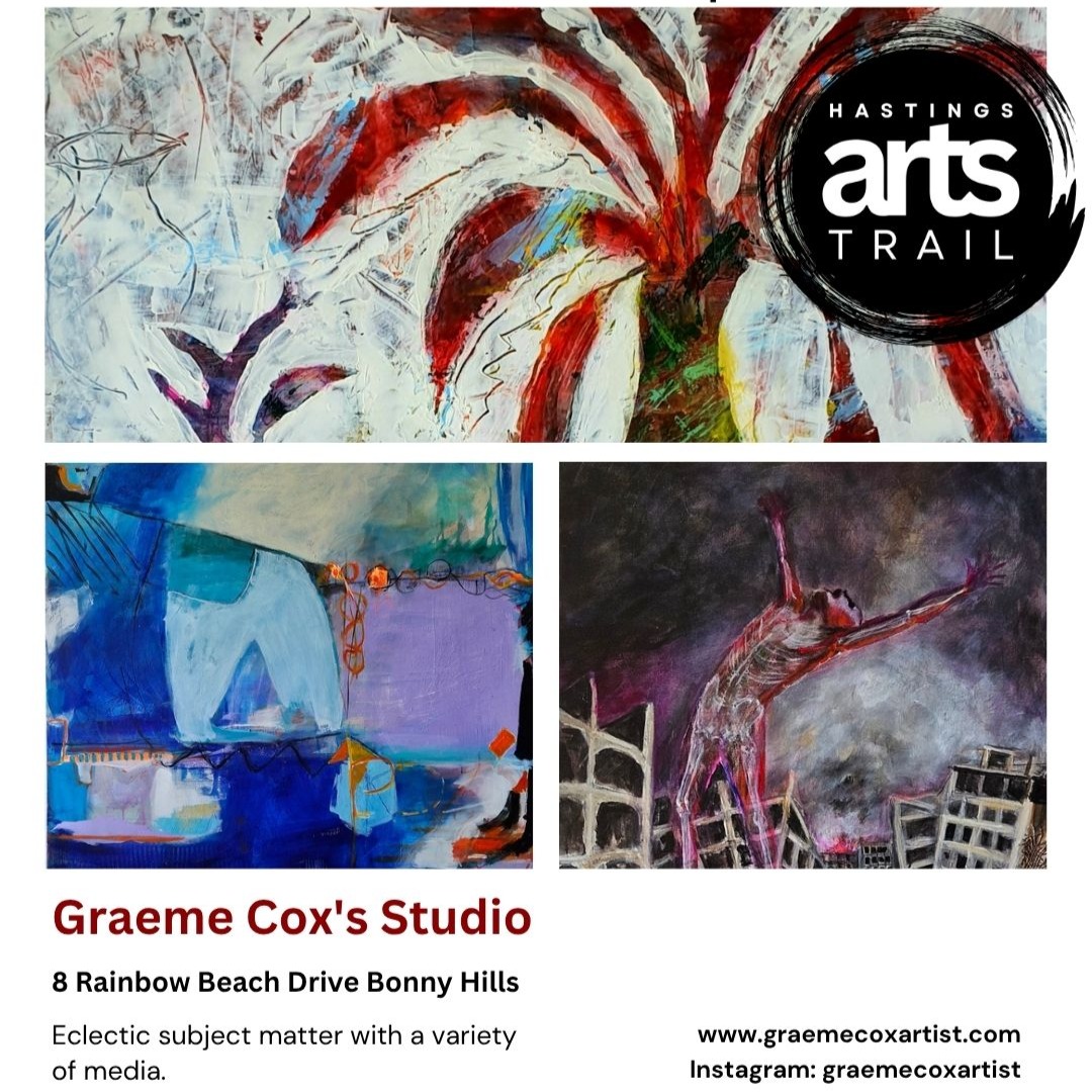 @graemecoxartist will be drawing live during the Hastings Arts Trail this weekend. His working space represents a lifelong journey with a variety of media including acrylics, pastels, watercolours, charcoal and mixed media. Focussing on life drawing, abstracts and nature, the work comments on the world around us. Join in the fun!
Not only that, he is surrounded by 3 other artists with studios a VERY short stroll away, so close you wouldn't bother getting back into your car! Go visit Graeme and check out; @joyeusart Studio and Gallery - Sue Polewski Jones
Rainbow Beach Art Studio - @ritacarosi_art and @brianbarker_art
Windsock Studio - Thelma Farmer, Caroline Baker and Jan Wilson