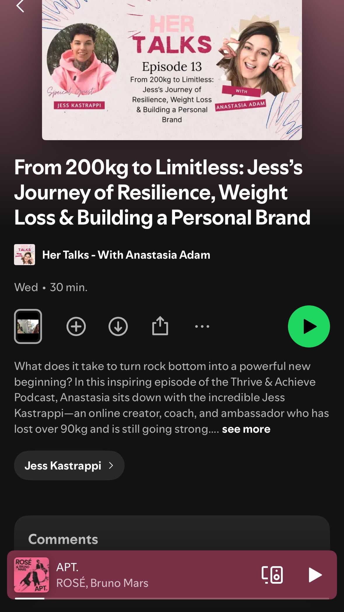What does it take to turn rock bottom into a powerful new beginning? In this inspiring episode of the Thrive & Achieve Podcast, Anastasia sits down with the incredible Jess Kastrappi-an online creator, coach, and ambassador who has lost over 90kg and is still going strong.
Jess opens up about..
Check out Her Talks with Anastasia Adam for the full episode!
https://open.spotify.com/episode/0wRPtPMW88ubVrr0NabHHm?si=PTpkGMCvSCyb2lipgBl47A
#mindsetreset
@jess.kastrappi