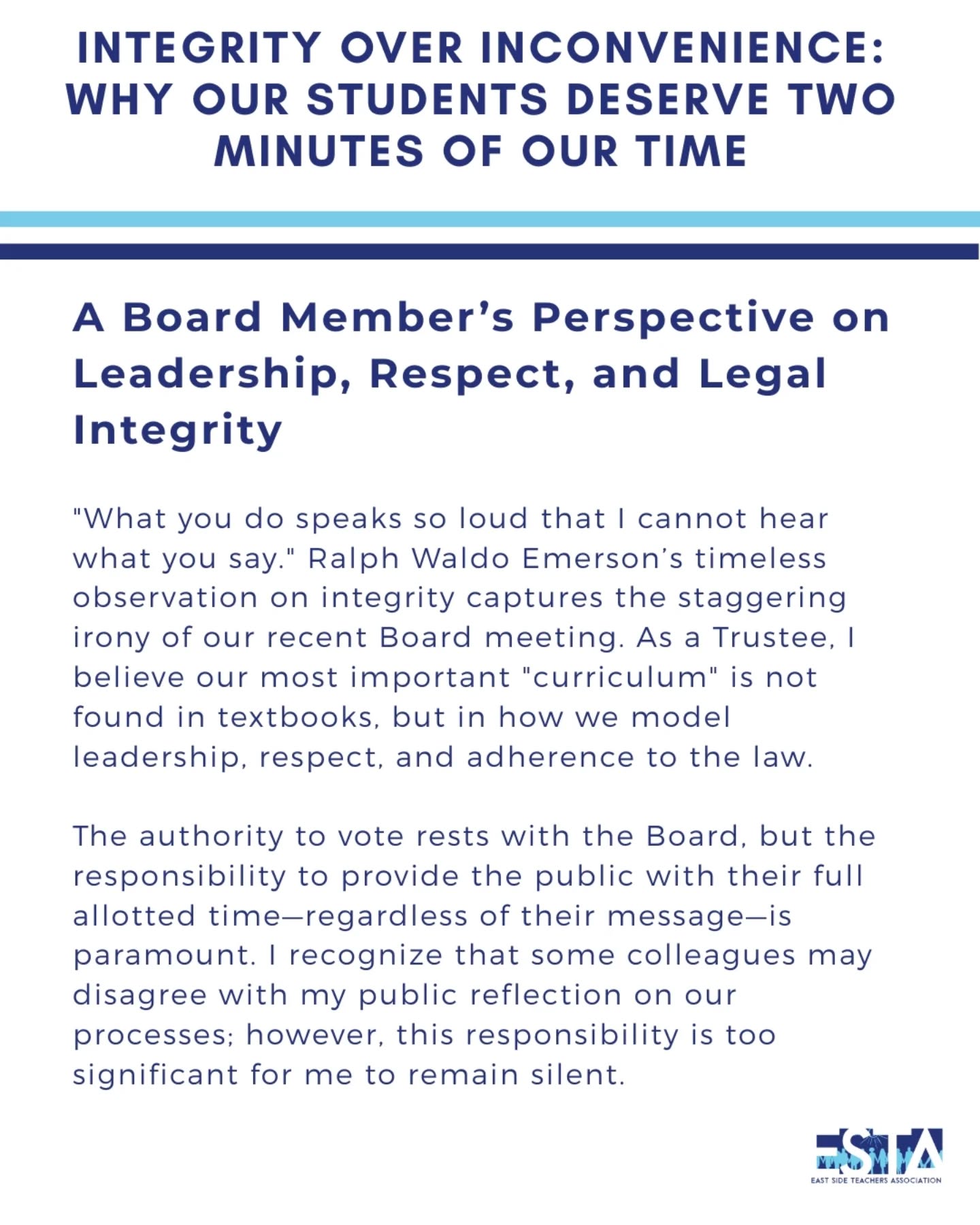 Op-Ed from ESUHSD Trustee Bryan Do regarding a deeply concerning matter.
Trustee Do outlines how ESUHSD Board President Van Le and Trustee Manuel Herrera violated the Brown Act for the second time in less than a year by arbitrarily and without notice restricting student speaking time.
For reducing public comment from 2 minutes to 1, specifically after seeing students who had waited hours with signs to advocate for their AP science classes, these board members effectively attempted to silence the very voices we are here to serve. This stance in stark contrast to previous meetings where the "red carpet" was rolled out for charter school supporters and political elites who were granted their full time to speak.
Targeting our students with these limitations simply because they were prepared to advocate for change as the betrayal of the democratic process. It is unacceptable to see political interests prioritize over the rights and participation of our students. The students of ESUHSD are the heart of our work. When board members devalue student input and disregard transparency, they fail in their primary responsibility to this district. As educators, we cannot support leadership that refuses to prioritize the voices of our students
You can read it directly here:
https://www.eastsideta.org/single-post/integrity-over-inconvenience-why-our-students-deserve-two-minutes-of-our-time
---
#WeAreESTA #BrownAct #esuhsd #sanjose #essj