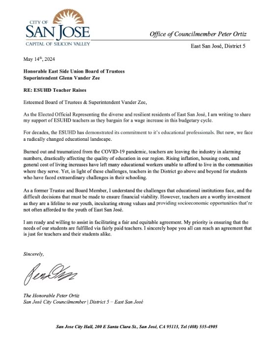 East Side Teachers Association has garnered the support of nearly 1,000 people in a petition calling on the East Side Union High School Board Trustees to settle a fair contract. East Side students deserve the best educators, and the 1,150 East Side educators deserve a fair contract now! The overwhelming support sends a clear message to the district to stop short changing our students and educators.
---
#redfored #weareesta #unionstrong #unionproud #unionteacher #wearecta #faircontractnow #teacher #teachersofinstagram