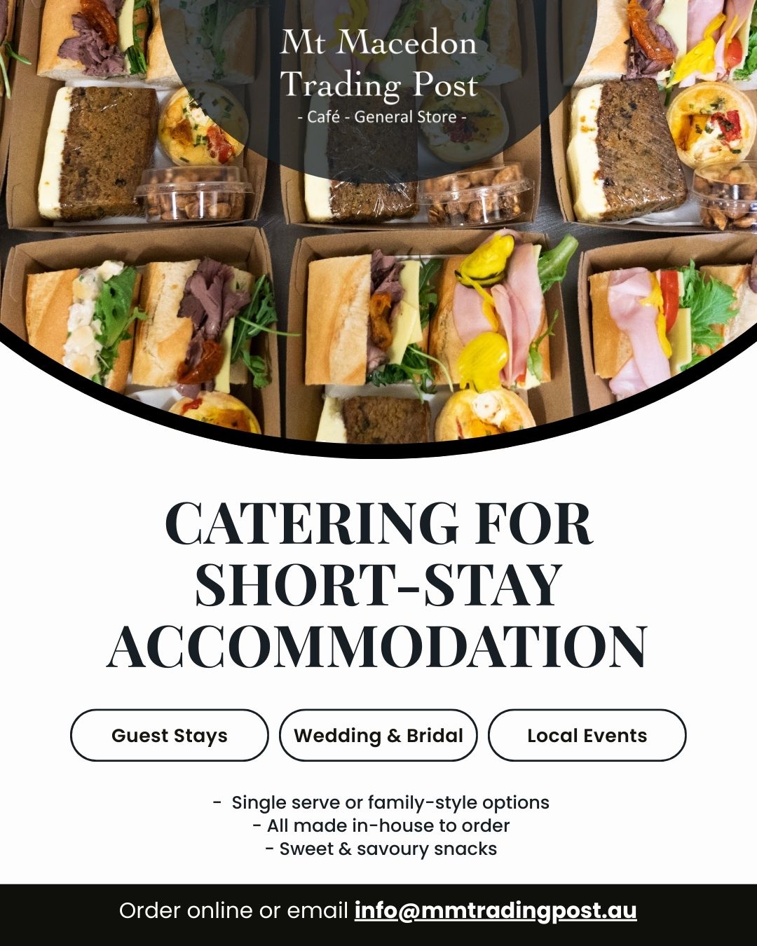 Staying in the region for a few days? Let us take care of the food.
Our in-house catering is perfect for short-stay accommodation; think fresh lunches, picnic-ready bites, and breakfast boxes for wedding weekends or group getaways.
Order online or email info@mmtradingpost.au and we’ll have it ready for pickup when you arrive.
.
.
.
.
.
.
.
#mountmacedontradingpost #mmtp #mtmacedontradingpost #auspost #mtmacedon #mountmacedon #macedon #woodend #macedonranges #macedonrangeswine #macedonrangesfoodie #macedonrangesnaturallycool #daylesfordmacedonranges #visitvictoria #onehourout #onehouroutofmelbourne #smallbusinessvictoria
#macedonrangescatering #shortstayaccommodation #airbnbvictoria #weddingweekend #countrycatering #macedonrangesgetaway