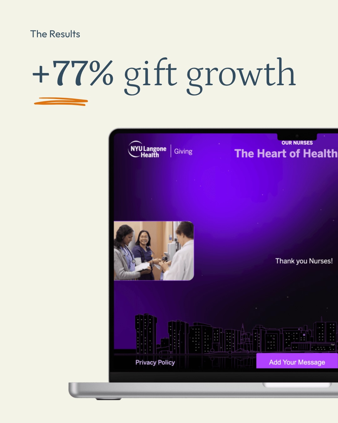 To celebrate Nurses Week, we built NYU Langone Health a custom message board, with on-page donation flow, and a personalized returning visitor experience. Here’s what happened:
📈 77% increase in gifts
🌱67% revenue growth
💌 529+ supporter messages
📊 93+ gifts made
Read the full case study on our website - link in bio, under OUR WORK