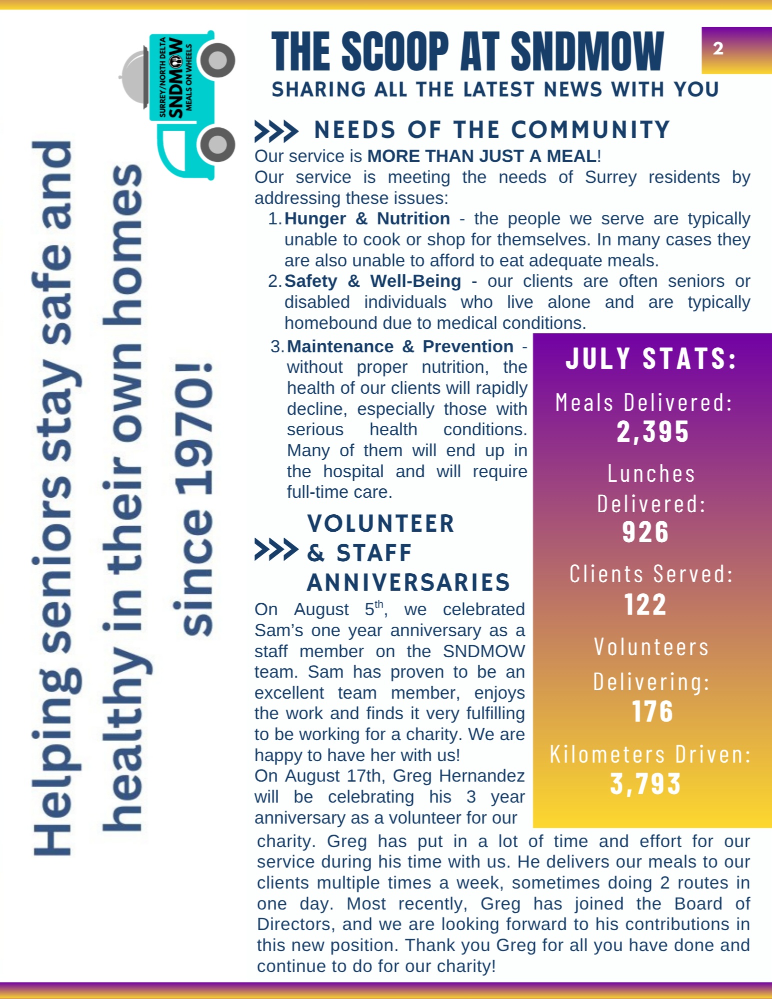 🌞The August issue of #TheBrightSide is circulating this week and is now posted on our website. Download the pdf there to share with family and friends: https://sndmow.com/our-community/newsletter/☄️Highlights this month include a heart-felt thank you to #AspiraPeninsula for 3 years of partnership, National #NonProfitDay, and sharing the mission of #SNDMOW🫶Happy Reading😊#mealsonwheels #morethanjustameal #surreybc